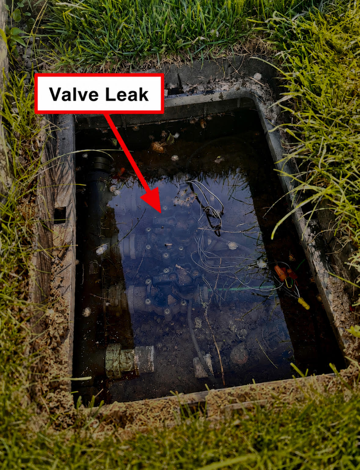 Flooded sprinkler valve box from broken line Meridian Idaho